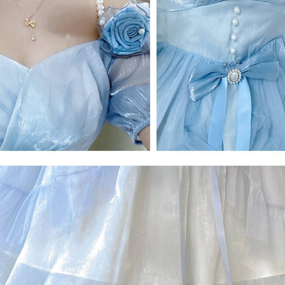 Blue Rose Bubble Sleeve Gradient Princess Lolita Women Dress #1259 - Picture 5 of 6